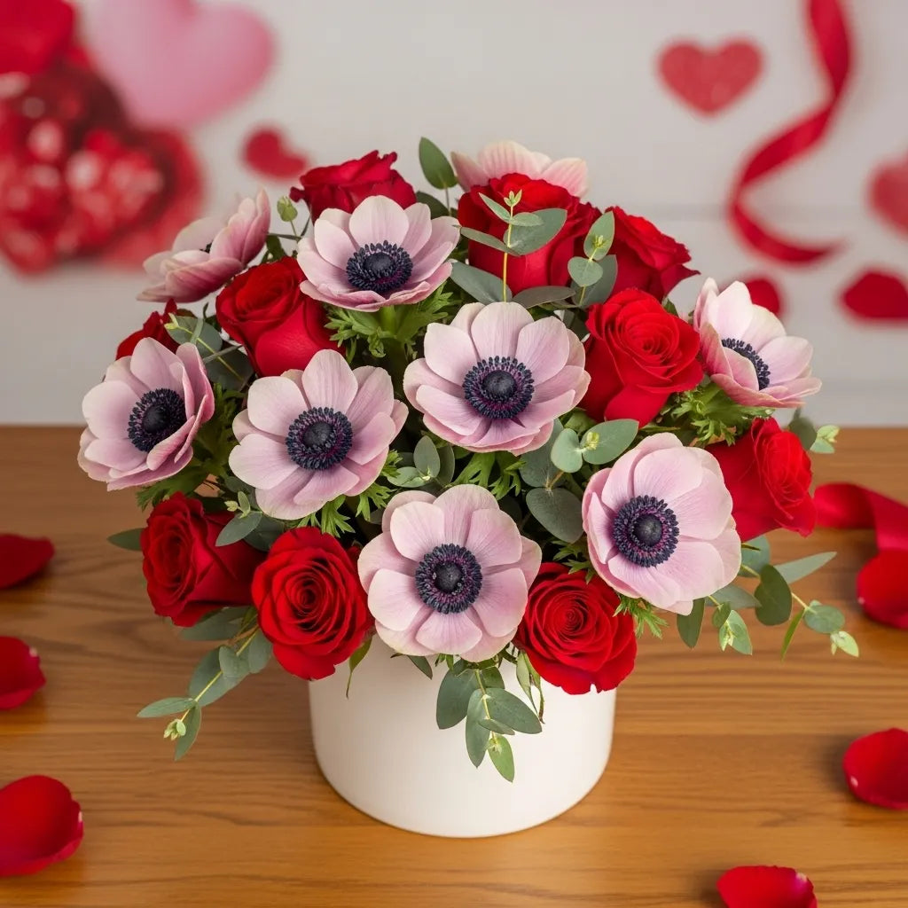 Anémonas y Rosas Rojas en Florero · foto 3