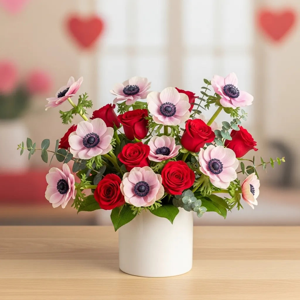 Anémonas y Rosas Rojas en Florero · foto 1