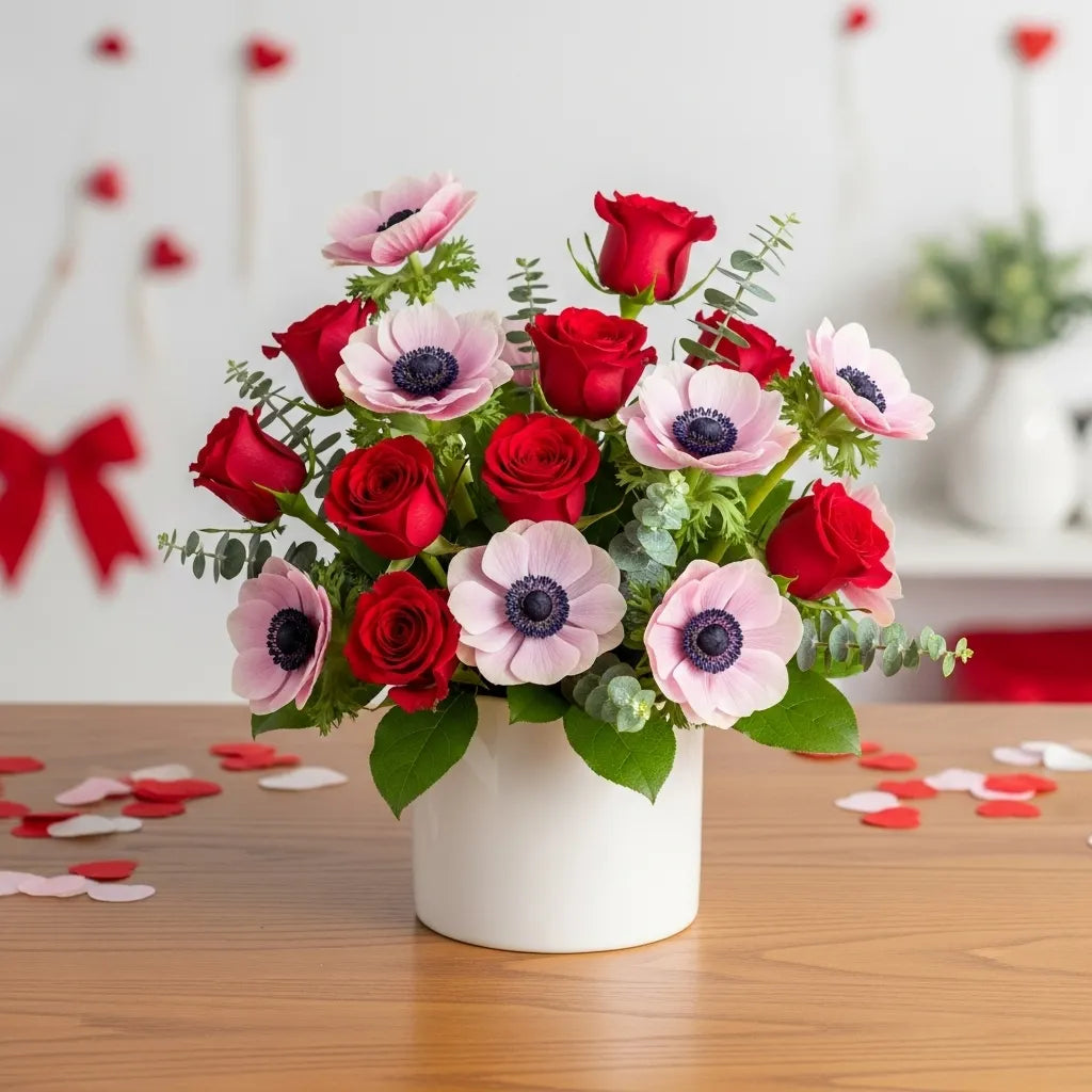 Anémonas y Rosas Rojas en Florero · foto 2