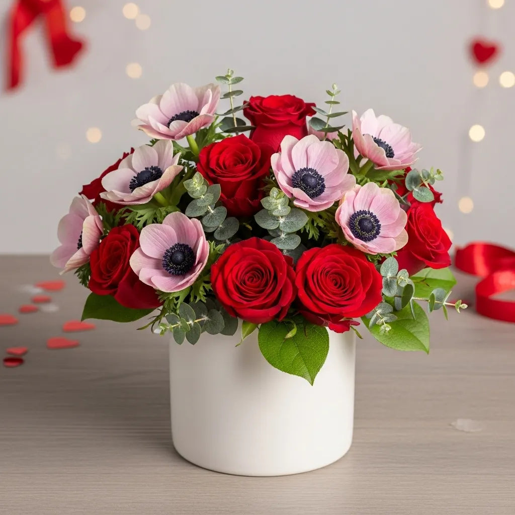 Anémonas y Rosas Rojas en Florero · foto 4