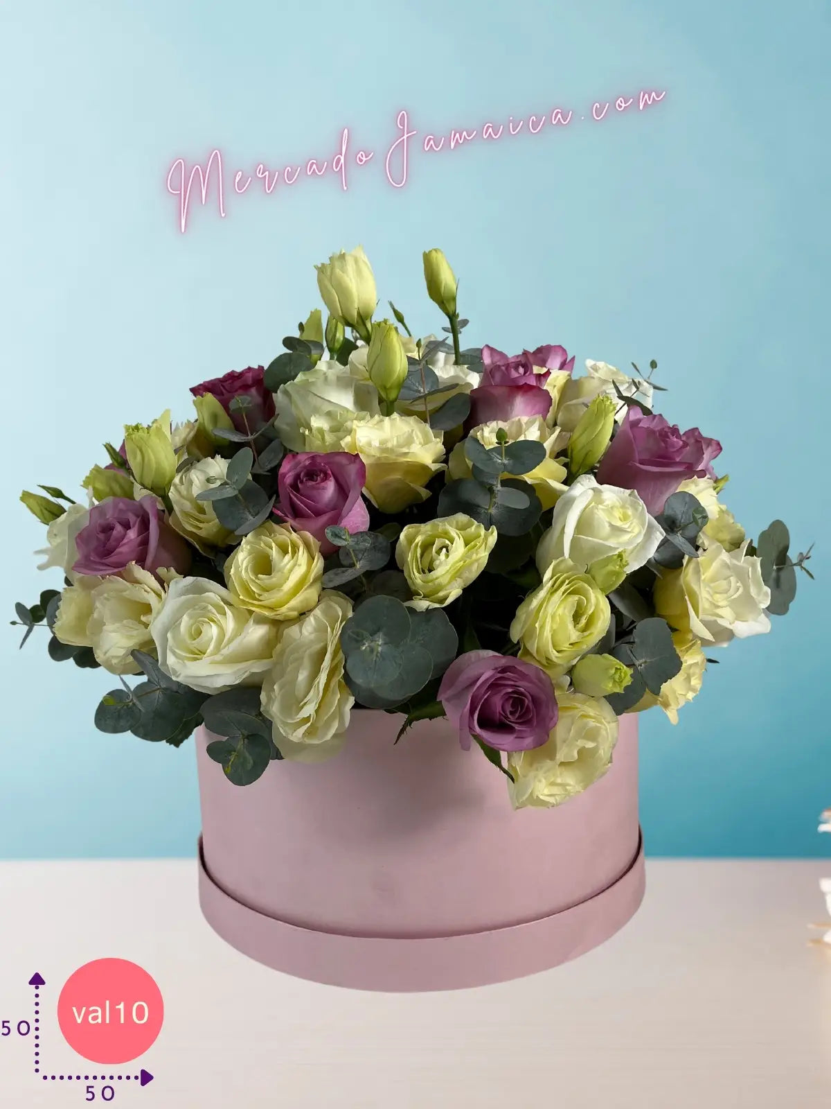 Caja cilíndrica 12 rosas blancas y lila + lisianthus · foto 4