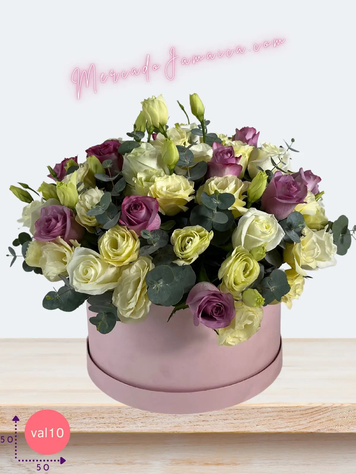 Caja cilíndrica 12 rosas blancas y lila + lisianthus · foto 1