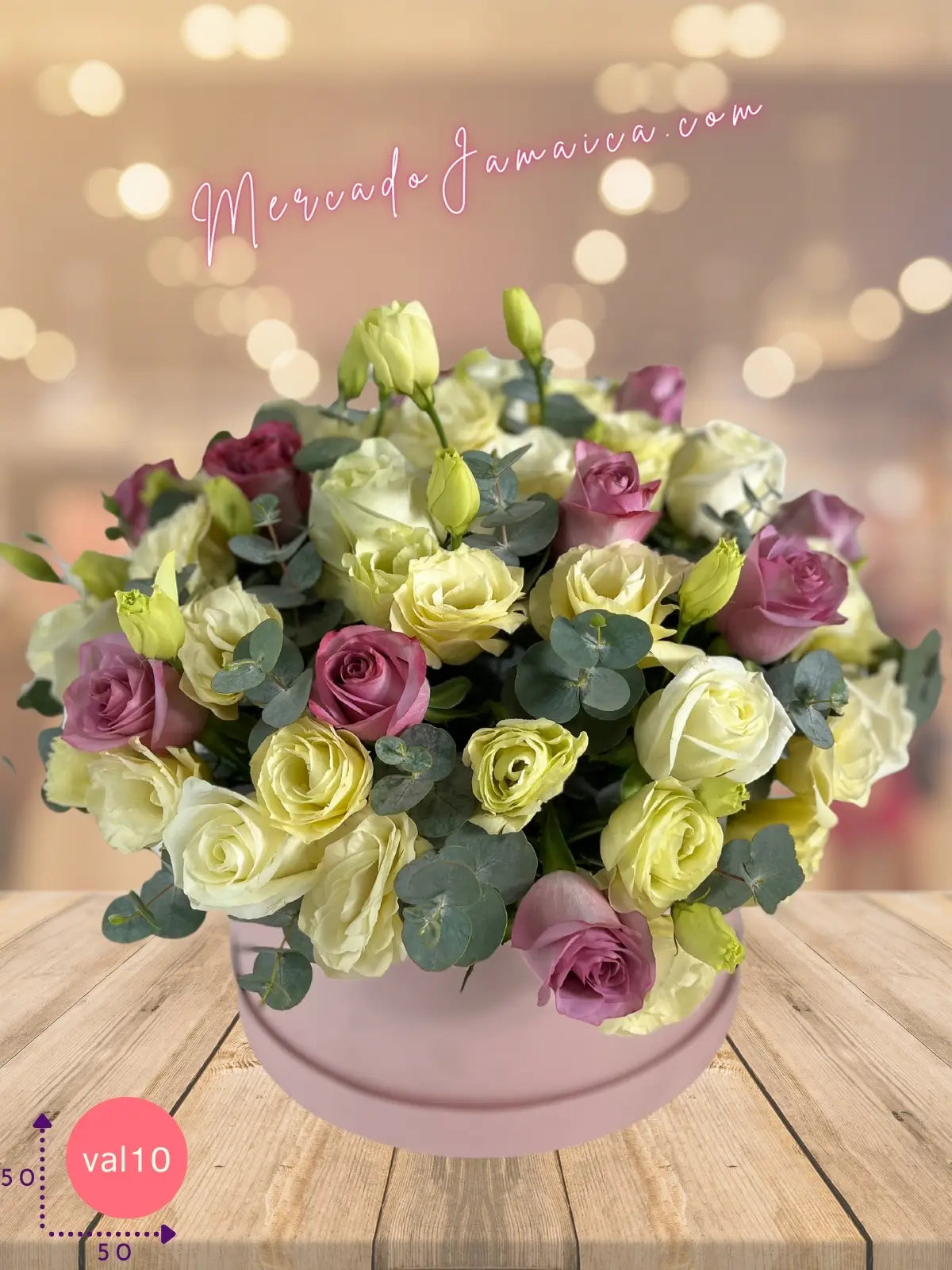 Caja cilíndrica 12 rosas blancas y lila + lisianthus · foto 3