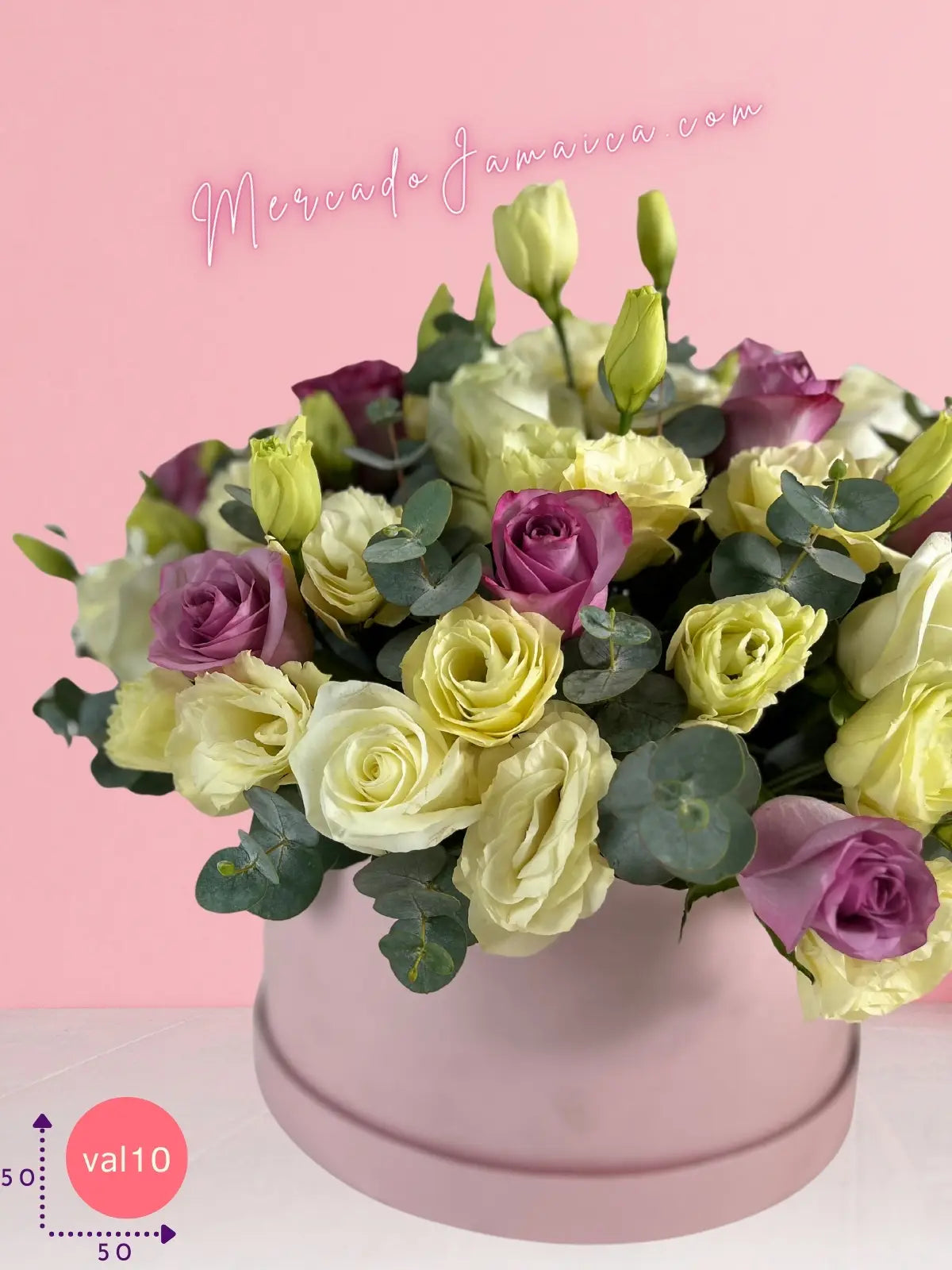 Caja cilíndrica 12 rosas blancas y lila + lisianthus · foto 2