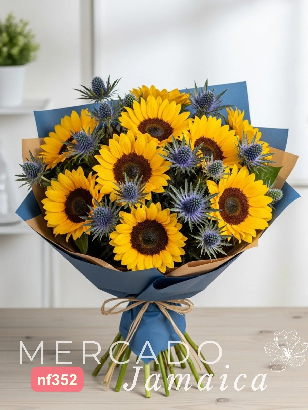 Ramo 10 Girasoles con Eryngium Azul · foto 1