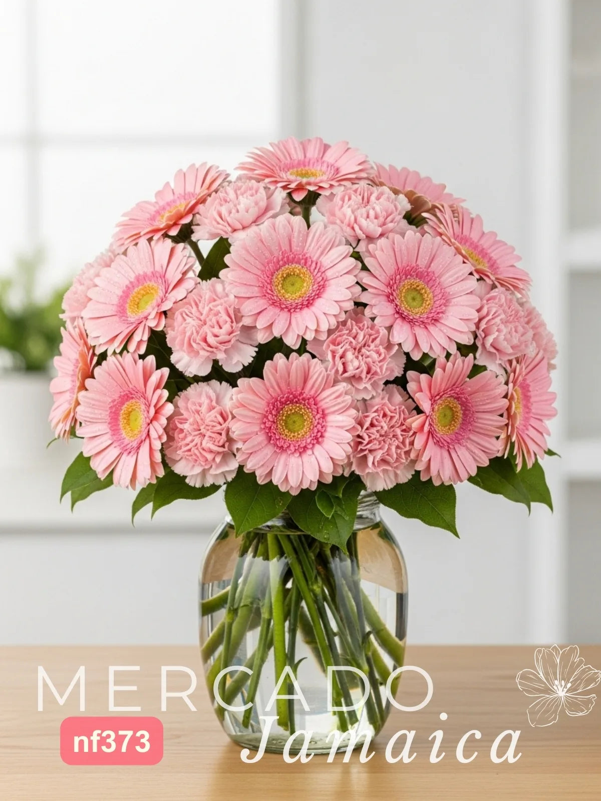 20 Gerberas y 10 Claveles Rosa en Florero · foto 1
