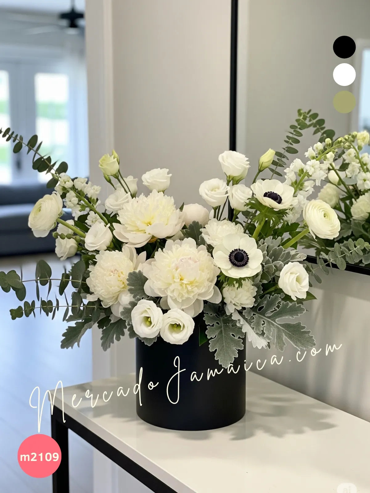 Arreglo Peonías y Anémonas Blancas en Florero Negro · foto 2