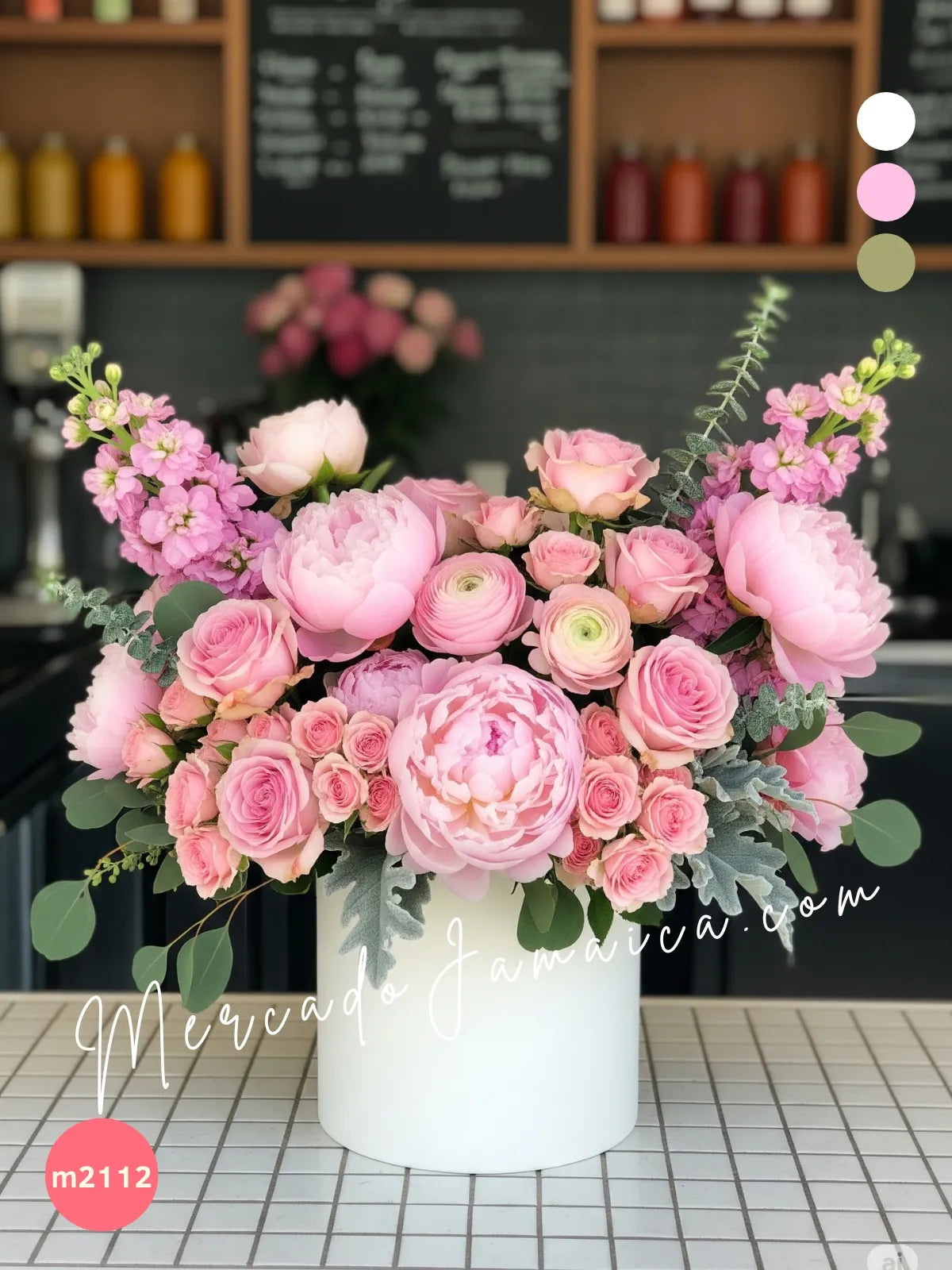Arreglo Rosa: Peonías, Ranunculus y Matthiolas · foto 1