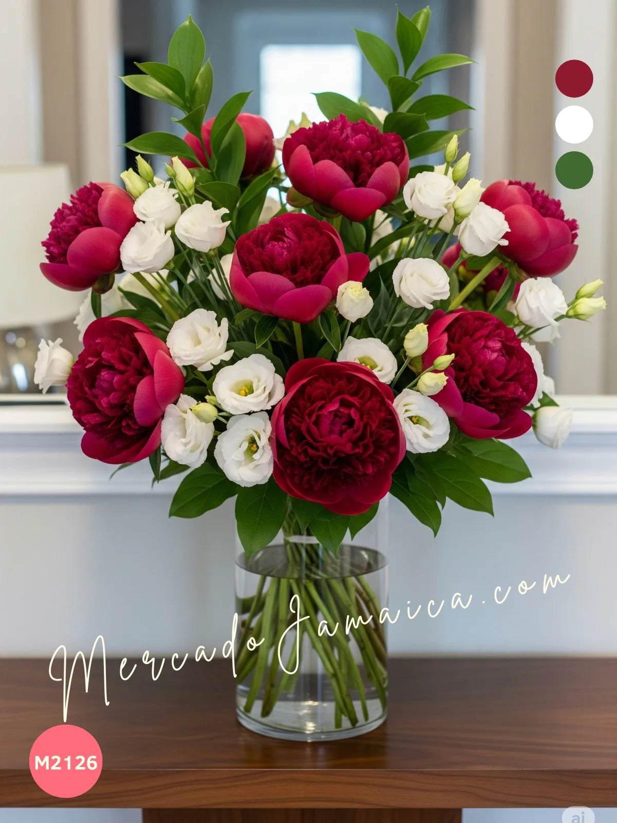 10 Peonías Vino con Lisianthus · Florero · foto 3