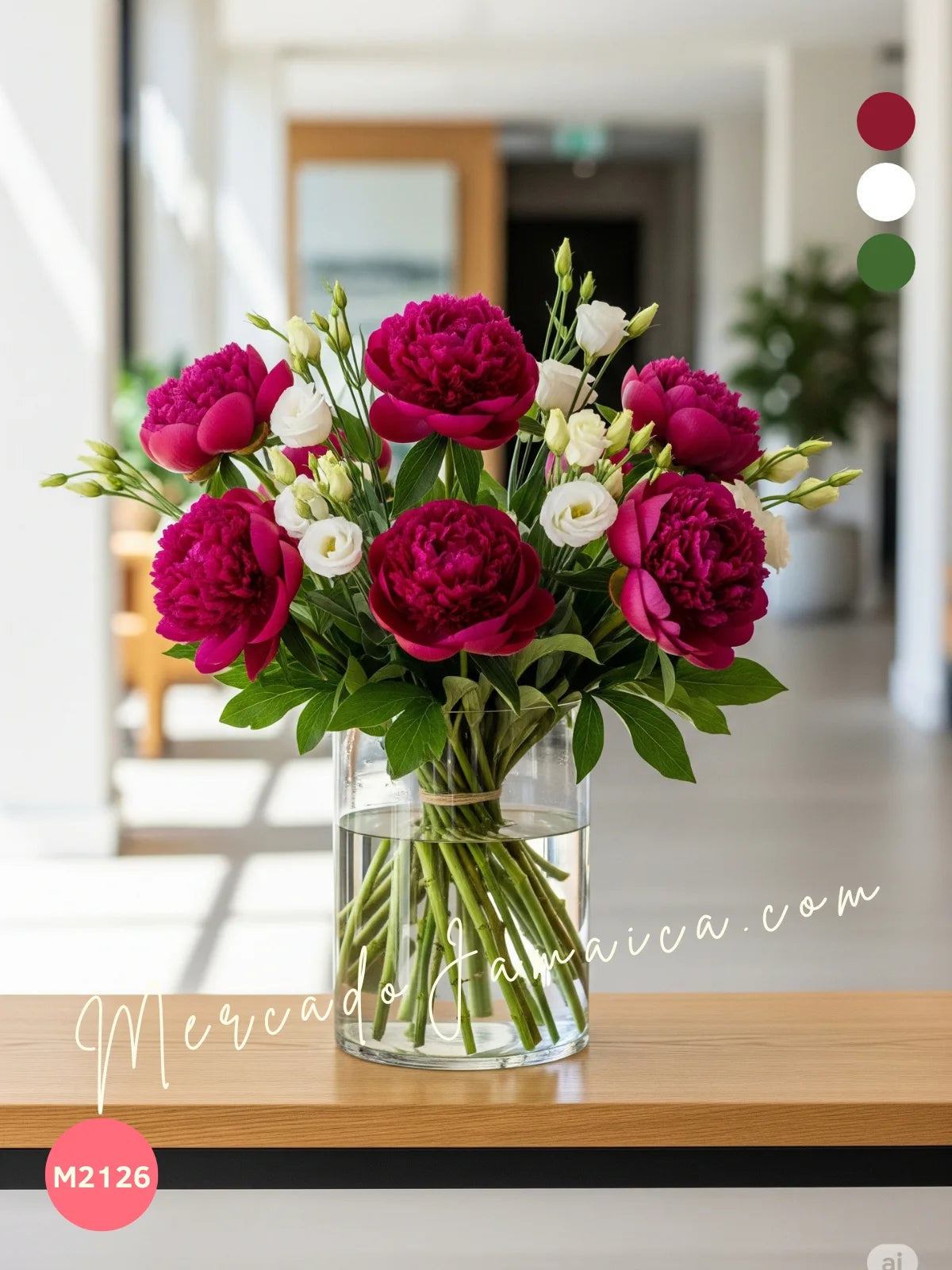 10 Peonías Vino con Lisianthus · Florero · foto 2